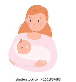 Mother hold little sleeping child. Mom with baby. Woman nurse toddler. Parenting character. vector clip art