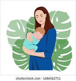 Mother hold little sleeping child. Floral Background.