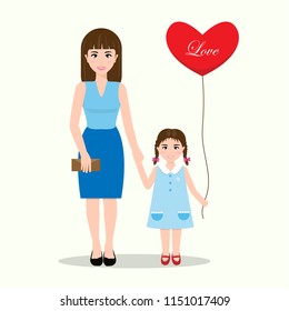 Mother hold one's hands with daugther. Child hole a heart balloon with love. Mother's day concept. 