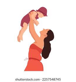 Mother holding baby above her head flat illustration