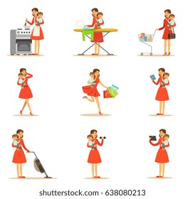 Mother Holding Baby In Arms Doing Different Activities Series Of Illustrations With Supermom And Her Duties