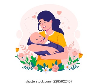 Mother Holding Baby In Arms. Happy Mother's Day Illustration. Mom and Baby. Happy young mother with her little cute baby