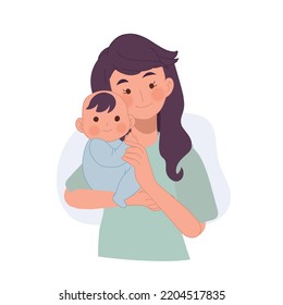 Madre Con El Bebé En Los Brazos. Bebé En Un Abrazo De Tierna Madre. Ilustración vectorial plana 