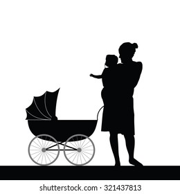mother holding baby with carriage silhouette vector