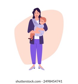 Mother holding a baby in a carrier. Vector illustration of a smiling woman with a child in a baby wrap. Simple, flat design with soft colors. Family and parenting concept.