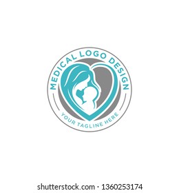 Mother holding baby Child heart shape Logo design vector template. Medical Clinic Child Care Logotype concept icon.