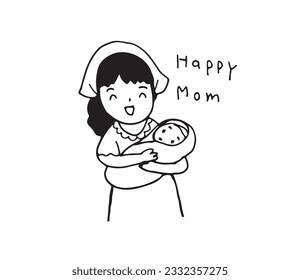 Mother holding baby. Mother and child. Line art drawing style vector