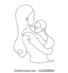 Mother holding baby child one continuous line art family happiness illustration in modern artistic design.