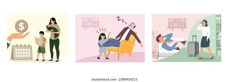 A mother holding a baby, a child reading. A girl expressing frustration as a person sleeps in a chair. Young man on the phone with his wife working in the office. Set flat vector modern illustration