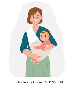 Mother Holding Baby Daughther using Baby Carrier Happy Mother Day Illustration in Flat Cartoon Vector Illustration Style