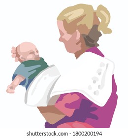 Mother holding baby and fuchsia shirt   burp cloth over shoulder and hair in pony tail   baby's head held by her hand