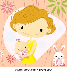 mother holding a baby girl and celebrating- design element, vector illustration