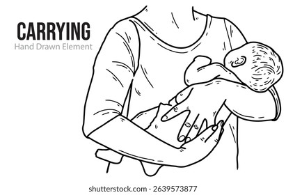 Mother holding baby hand drawing element, black ink, line art, editable
