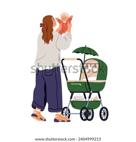 Mother holding baby in hands. Happy mom with infant in arms, walking with pram, stroller. Woman parent strolling with newborn kid, child. Flat vector illustration isolated on white background