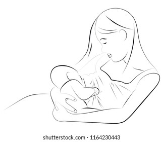 Mother holding a baby with her arm Vector Ilustration Breastfeed