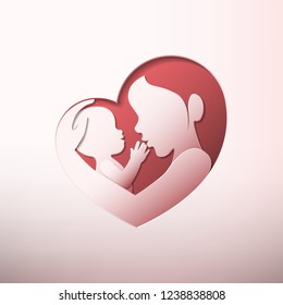 Mother holding a baby with her arm in heart shaped silhouette in paper art style