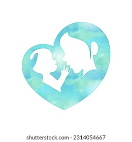 Mother holding a baby with her arm in heart shaped silhouette digital watercolor illustration with white negative space