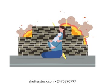 Mother holding baby, hiding behind wall during explosion. War conflict. Character design. Vector flat illustration