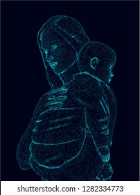 mother holding baby illustrated with lines as a network