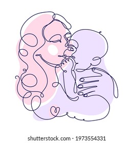 Mother holding baby, illustration of happy motherhood, childbirth. Continuous one line drawing, clip-art.