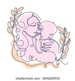 Mother holding baby, illustration of happy motherhood, childbirth. Continuous one line drawing, clip-art.