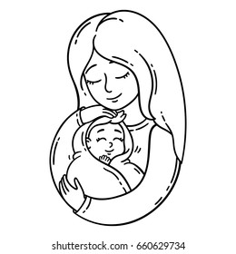 Mother holding baby. Isolated objects on white background. Vector illustration. Coloring pages.