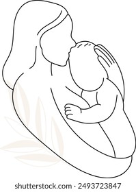 Mother Holding Baby Line Art Vector Illustration