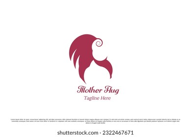 Mother holding baby logo design illustration. Simple flat silhouette of caring affection love mother hug. Parental symbol icon woman mother child little baby sister.