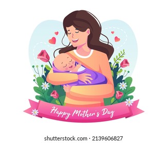 Mother holding a baby with a lot of love. Happy mother's day. Flat style vector illustration