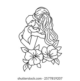 Mother holding baby. Mother's Day. Mom with baby and flowers. Mother and child. Motherhood. Line art.