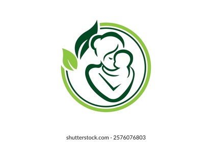 Mother holding baby on abstract leaf logo design vector. Leaf and mother taking care of baby logo Mom and baby logo design vector for maternity clinic with creative element concept