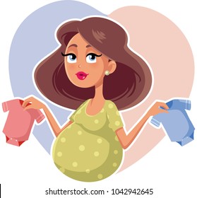 Mother Holding baby Onesies Vector Cartoon. Cute mom buying multiple clothes choosing not to know baby gender before birth
