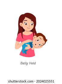 mother holding baby with pose named belly hold