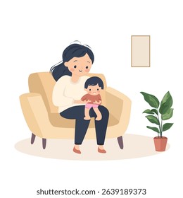 Mother holding baby in room with potted plant nearby. Concept of childcare or single mother.
