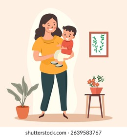 Mother holding baby in room with potted plant nearby. Concept of childcare or single mother.