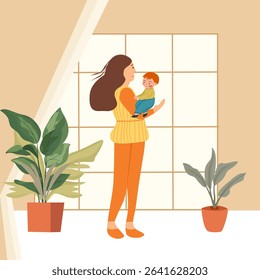 Mother holding baby in room with potted plant nearby. Concept of childcare or single mother.