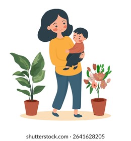 Mother holding baby in room with potted plant nearby. Concept of childcare or single mother.