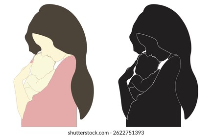 Mãe segurando bebê silhueta vetor ilustração conjunto isolado no fundo branco