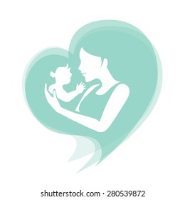 mother holding baby in the sling, vector symbol