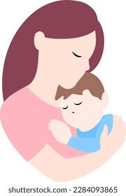 Mother holding baby son in arms. Happy mothers day. Vector illustration for greeting card, poster, banner.