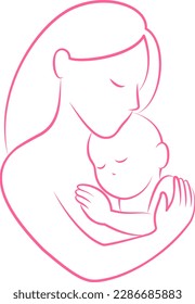 Mother holding baby son in arms. Happy mothers day. Vector illustration for greeting card, poster, banner.