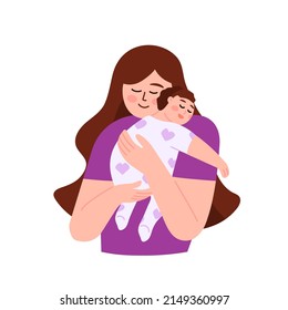 Mother Holding Baby Son Or Daughter In Her Arms. Cartoon Flat Illustration. Happy Mother's Day Concept.