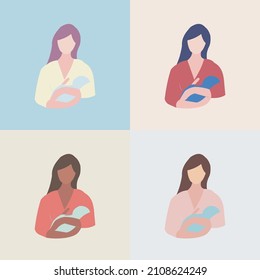 Mother Holding Baby Son. Happy Mothers Day greeting card. Vector illustration.