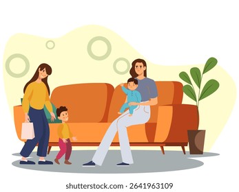 Mother holding baby and talking to toddler at home. Family life with young children, flat cartoon illustration.