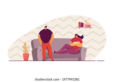 Mother holding baby vector illustration. Father standing next to them watching. Newborn baby, relationship. Family reunion. Family concept for website design, banner or landing page.