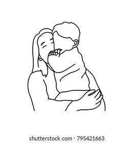 mother holding baby vector illustration sketch hand drawn with black lines, isolated on white background. family concept.