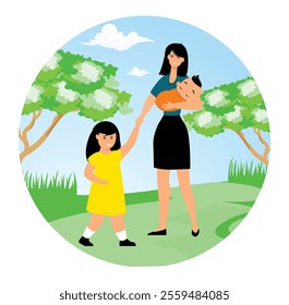 Mother holding baby and walking with her daughter in park. The scene conveys warmth, family ties, and the joy of spending time in nature. Flat vector modern illustration 