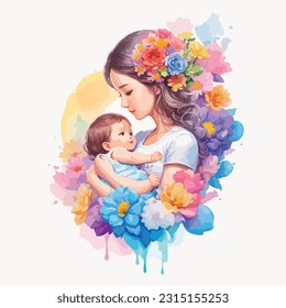 Mother holding a baby watercolor art vector illustration