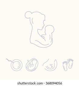 Mother is holding baby. Woman with a baby. Pregnancy and childbirth, gynecology. Breastfeeding. Health medical and care child. Motherhood. Vector thin line icons.