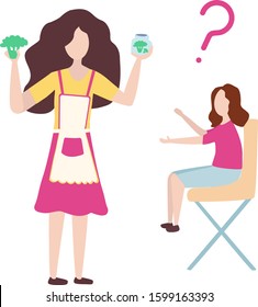 mother is holding broccoli and a jar of mashed broccoli. Choice for baby feeding. The baby wants to eat, pulls his hands. Baby food, feeding